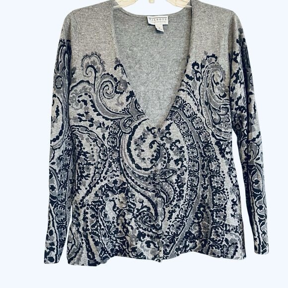 Talbots Collection Gray Dark Floral Sequin Cashmere Silk Button Up Cardigan Sz M - Picture 1 of 6